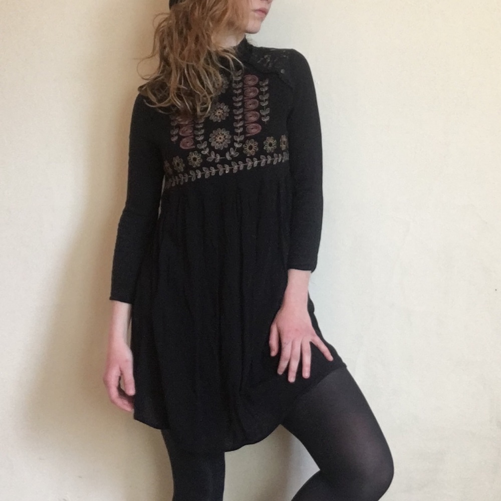 Black Embroidered Babydoll Dress